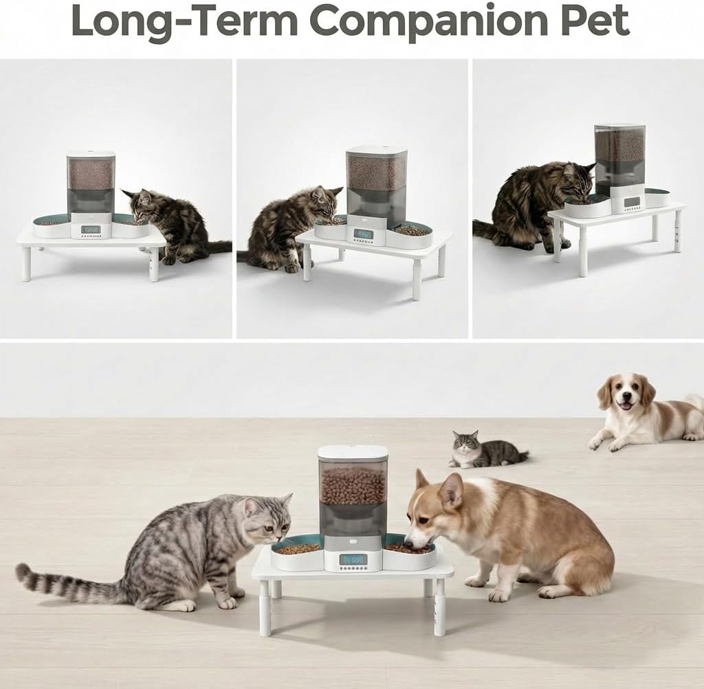 Raised Automatic Cat Feeder Stand for Double Bowl Feeders, Carbon Steel 14.57 x 9.25 in, 3 Adjustable Heights 4.13-5.71 in, Non-Slip, Fits Feeders & Water Dispensers, No-Drill (White)