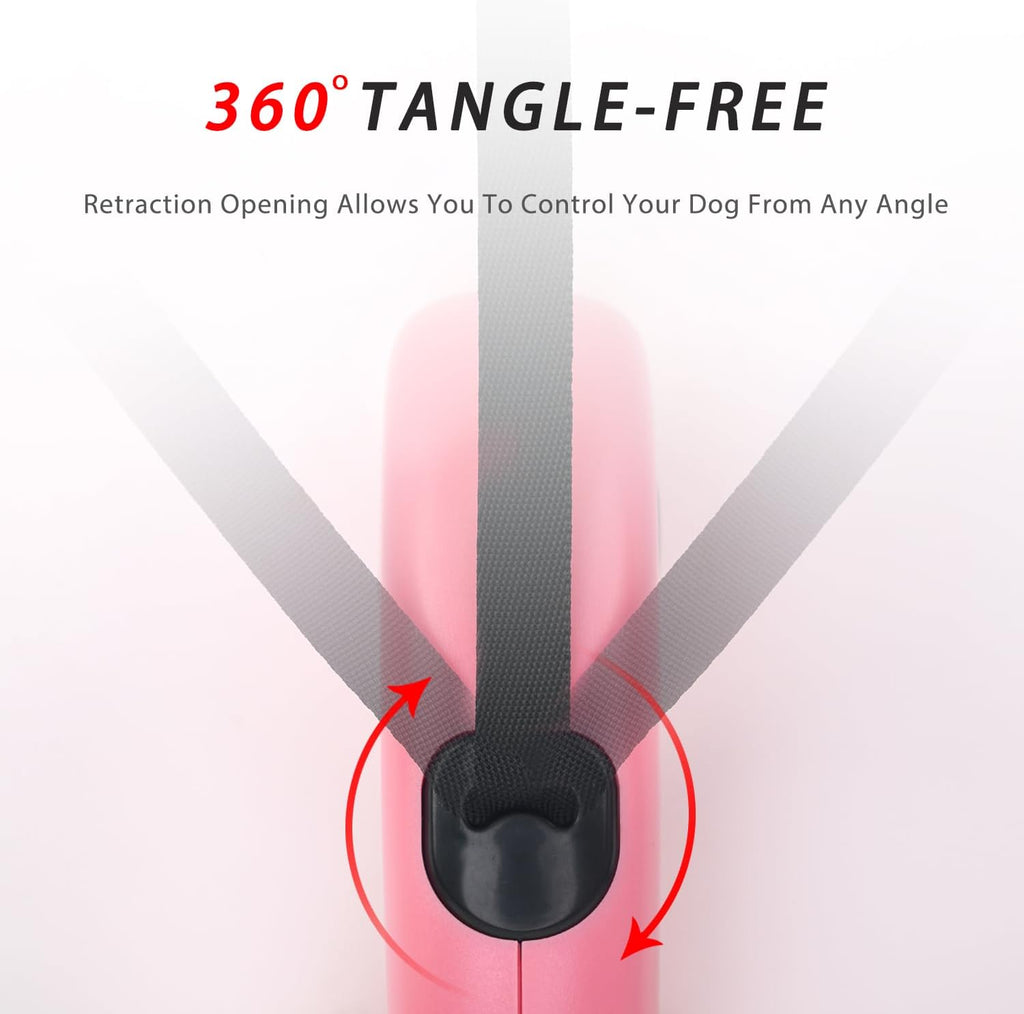 enrgticdg 16Ft Retractable Dog Leash,Light Weight Leash for Small to Medium Dogs/Cats Up to 50lbs,Stainless Steel Spring Strong Nylon Tape, Tangle Free, One-Handed Brake.(Pink-Black)