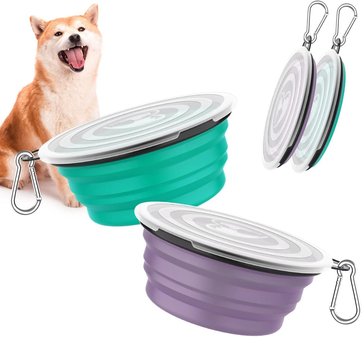 Pawaboo Collapsible Travel Dog Bowls 2 Pack with Lids&Carabiners Silicone | Feeding Watering Bowls for Dogs Cats, Collapsable Water Feeder Food Bowl for Walking Traveling Home Use, VioletTurquoise 