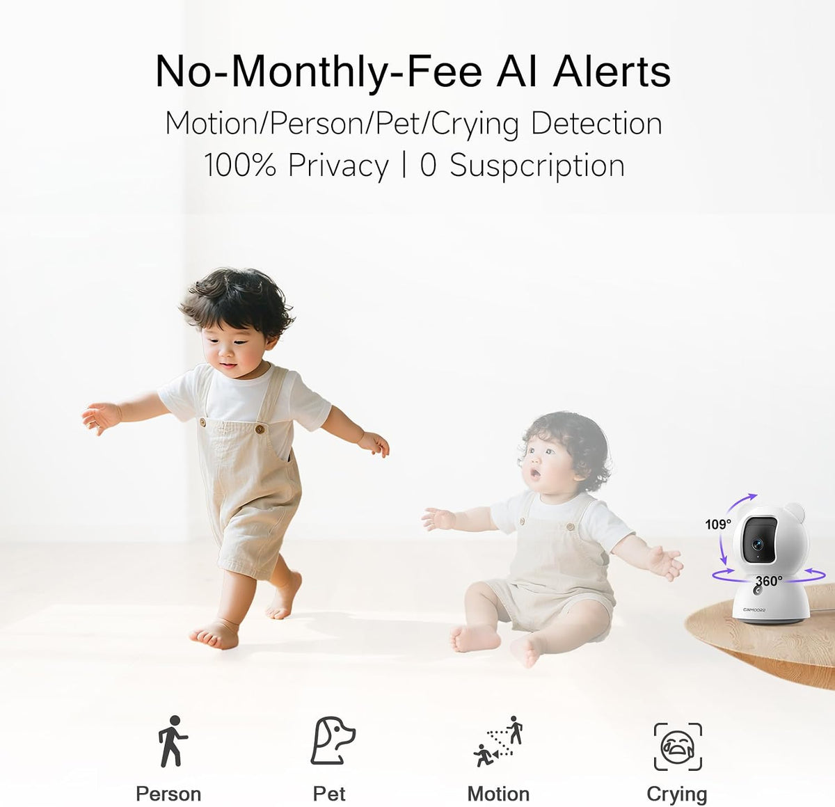 2.5K Indoor Camera 2pack, Free AI Person/Pet/Cry Detection, 4MP Pet/Dog/Cat/Baby Camera w/Phone App, Cameras for Home Security, Pan Tilt 2.4GHz WiFi, Night Vision, Full Duplex 2-Way Audio