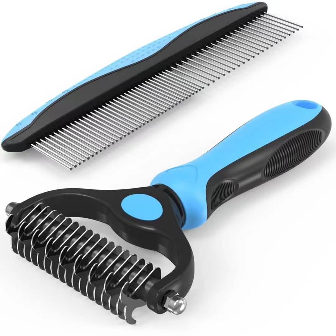 EMTK 2-in-1 Pet Dematting Brush and Stainless Steel Comb Grooming Set