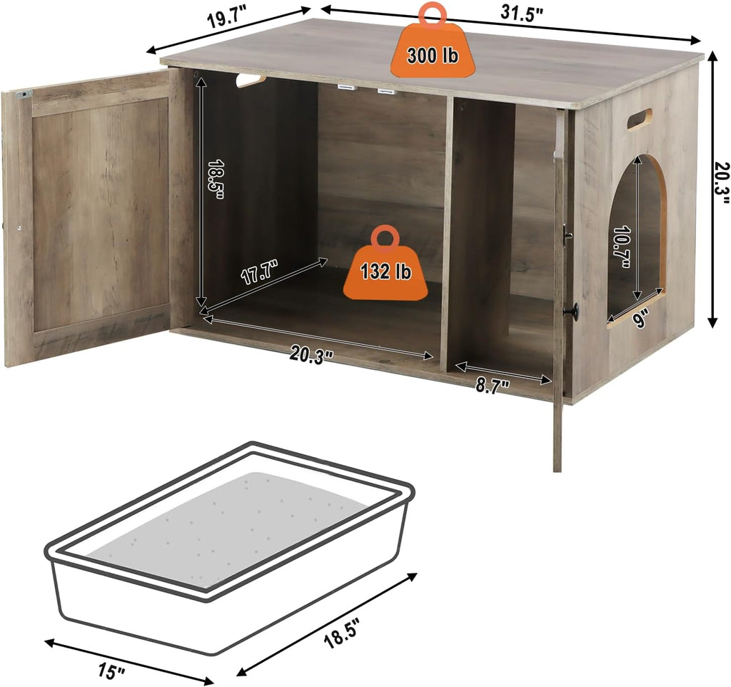 Timberer Cat Litter Box Enclosure, Hidden Litter Box Furniture with Divider | Wooden Cat Washroom Furniture, Indoor Cat House, Dog-Proof, Fits Most of Litter Box, Grey