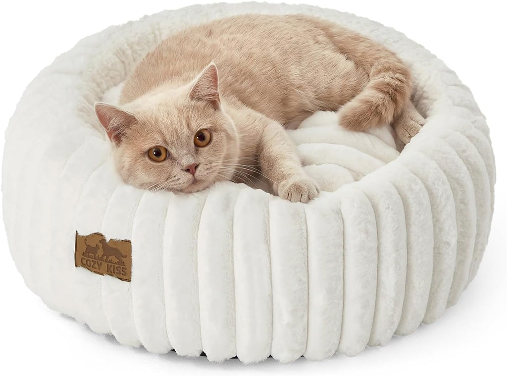 COZY KISS Calming Cat Bed, Donut Kitten Bed, Small Round Dog Bed 20in Cream