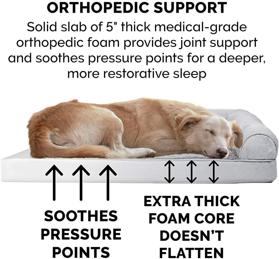 Furhaven Orthopedic Dog Bed for Large Dogs w/ Removable Bolsters & Washable Cover, For Dogs Up to 125 lbs - Plush & Suede Sofa - Gray, Jumbo Plus/XXL