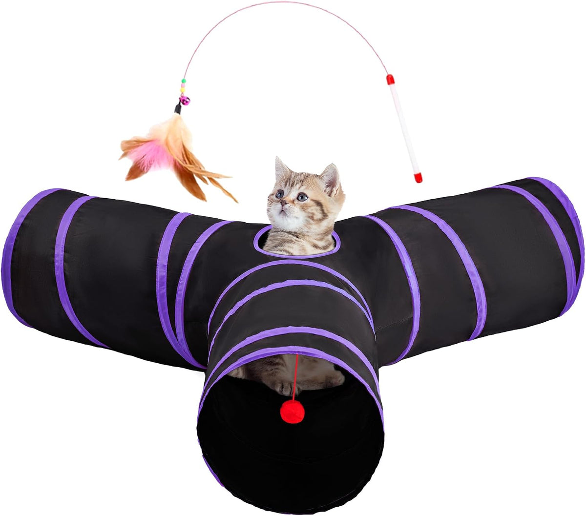 Tempcore Cat Tunnel, 3-Way Collapsible Toy, Large Size Black & Purple | Large Size 3-Way Cat Tunnel Provides More Room for Cats to Run, Hide and Chase, with Peek Holes, Hanging Ball and Teaser Wand