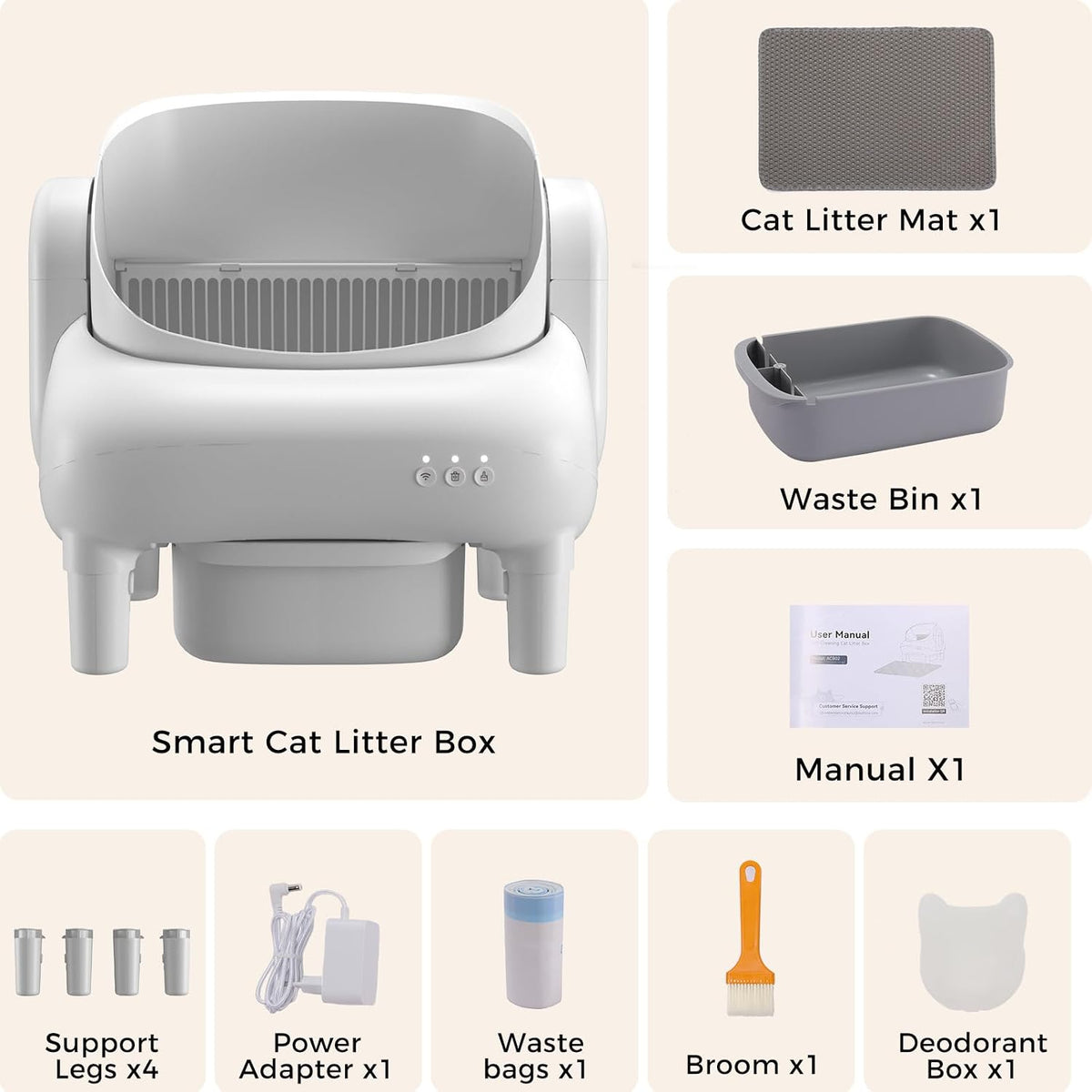 GTPLAYER Smart Cat Litter Box, Open-Top Self Cleaning Cat Litter Box with App Control, Safety Sensors, Large Capacity Waste Bin, Easy Maintenance, Automatic Litter Box for Multi-Cat Homes, White