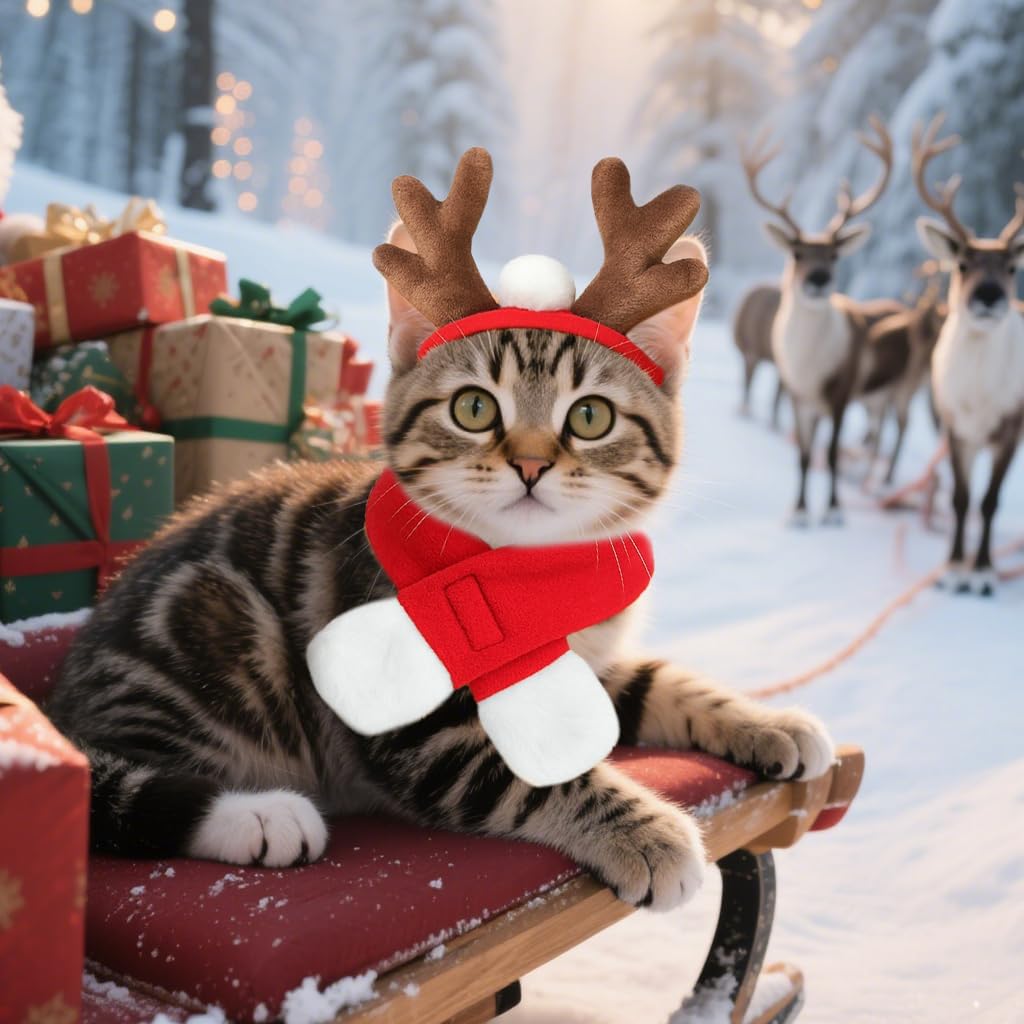 NAMSAN Pet Reindeer Costume for Cats Small Dogs Rabbits, Christmas Cat Antler Headband with Red Scarf, Small Dog Santa Deer Antler Outfit for Christmas New Year Party Cosplay Statue Decoration