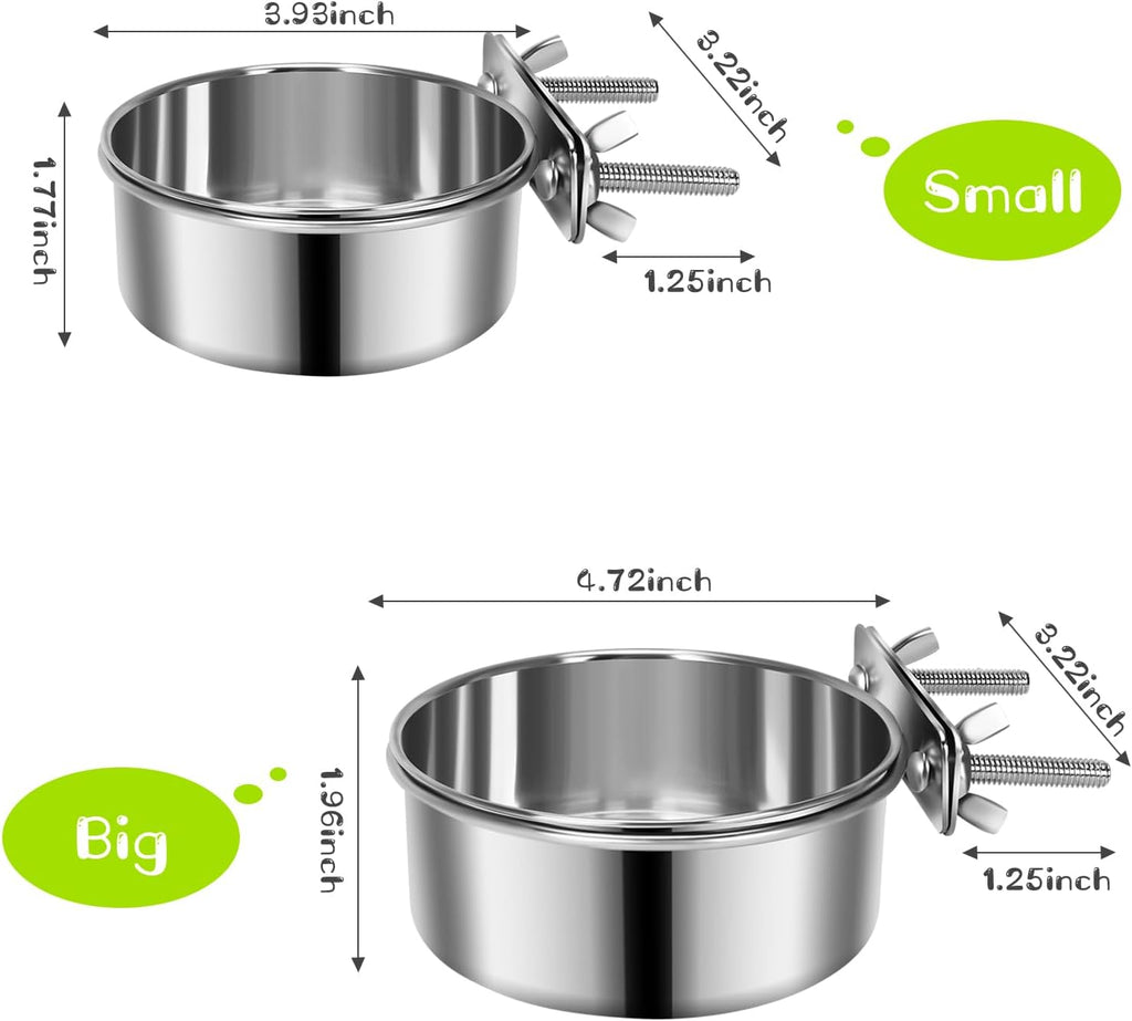 2 Pcs Stainless Steel Small Dog Crate Food Water Bowl, 19 & 12 OZ | Non-Spill, Detectable, Hanging Cage, Feeder Dish with Clamp Holder for Small Pets, Size 4.7x1.9'' & 3.9x1.7''