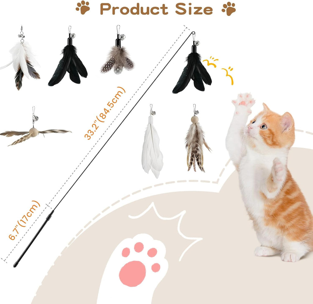 Pawaboo 6Pcs Cat Feather Wand Toy Set for Indoor Cats Self Play & Exercise