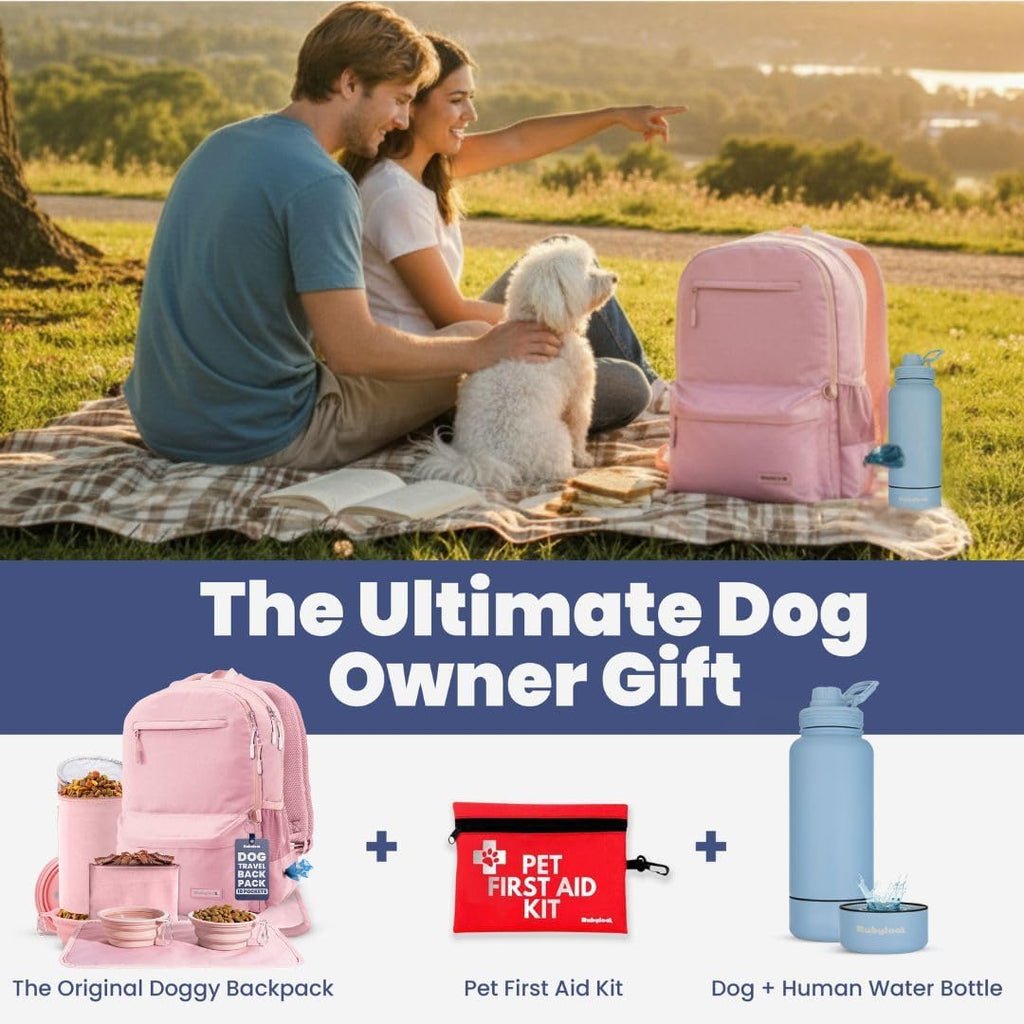 Rubyloo Dog Travel Backpack for Supplies - Dog Diaper Bag with Travel Bowls | 2 BPA-Free Bowls; Food Container & Treat Pouch; Placemat; Laptop Sleeve; Poop Bag Dispenser, Hiking, Camping & Road Trips,