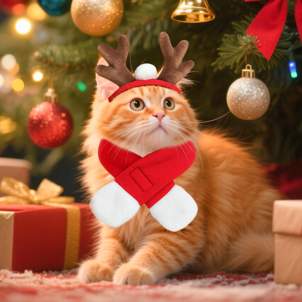 NAMSAN Pet Reindeer Costume for Cats Small Dogs Rabbits, Christmas Cat Antler Headband with Red Scarf, Small Dog Santa Deer Antler Outfit for Christmas New Year Party Cosplay Statue Decoration