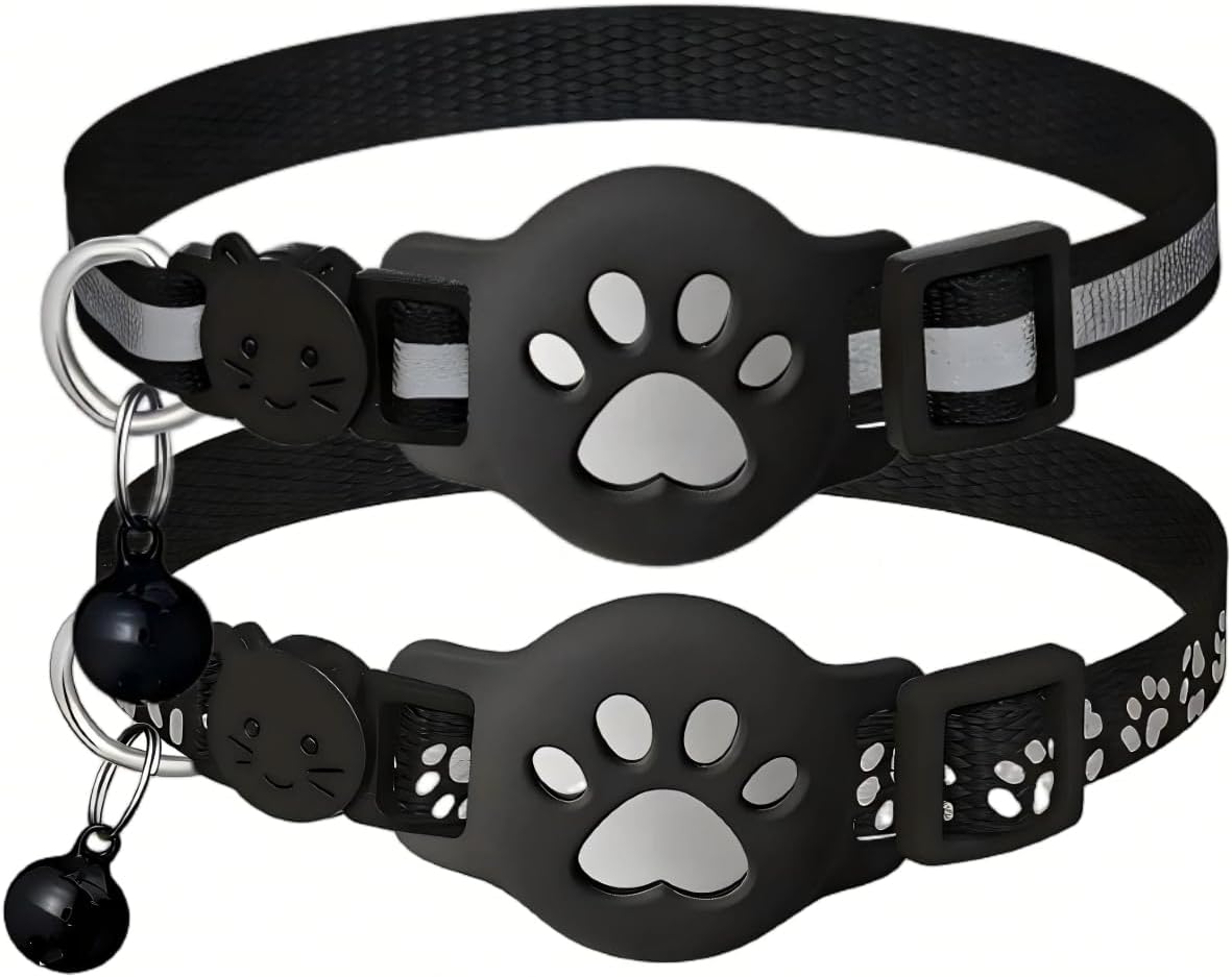 Cat Collar Breakaway 2packs, Reflective Kitten Collar with Apple Air Tag Holder and Bell for Girl Boy Cats, 0.4 Inches in Width and Lightweight (Collar for cat)