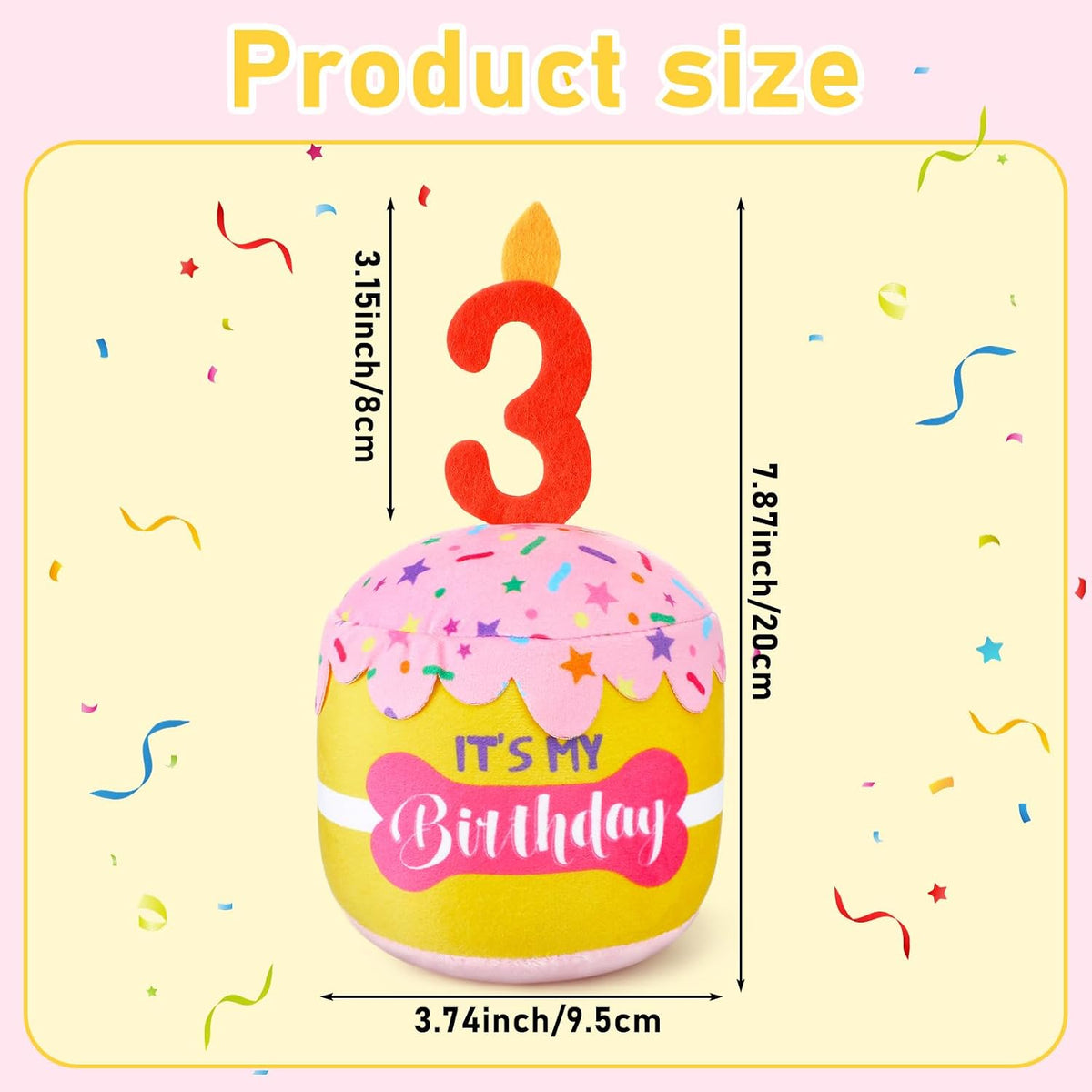 Dansydaisy Dog Birthday Cake Toy Squeaky Plush Gift,3rd,Pink and Yellow | Interactive Squeaky Gift for Dogs, Dog Birthday Decor , Soft Chew for Small Medium Large Pets, Cake Design with Candle