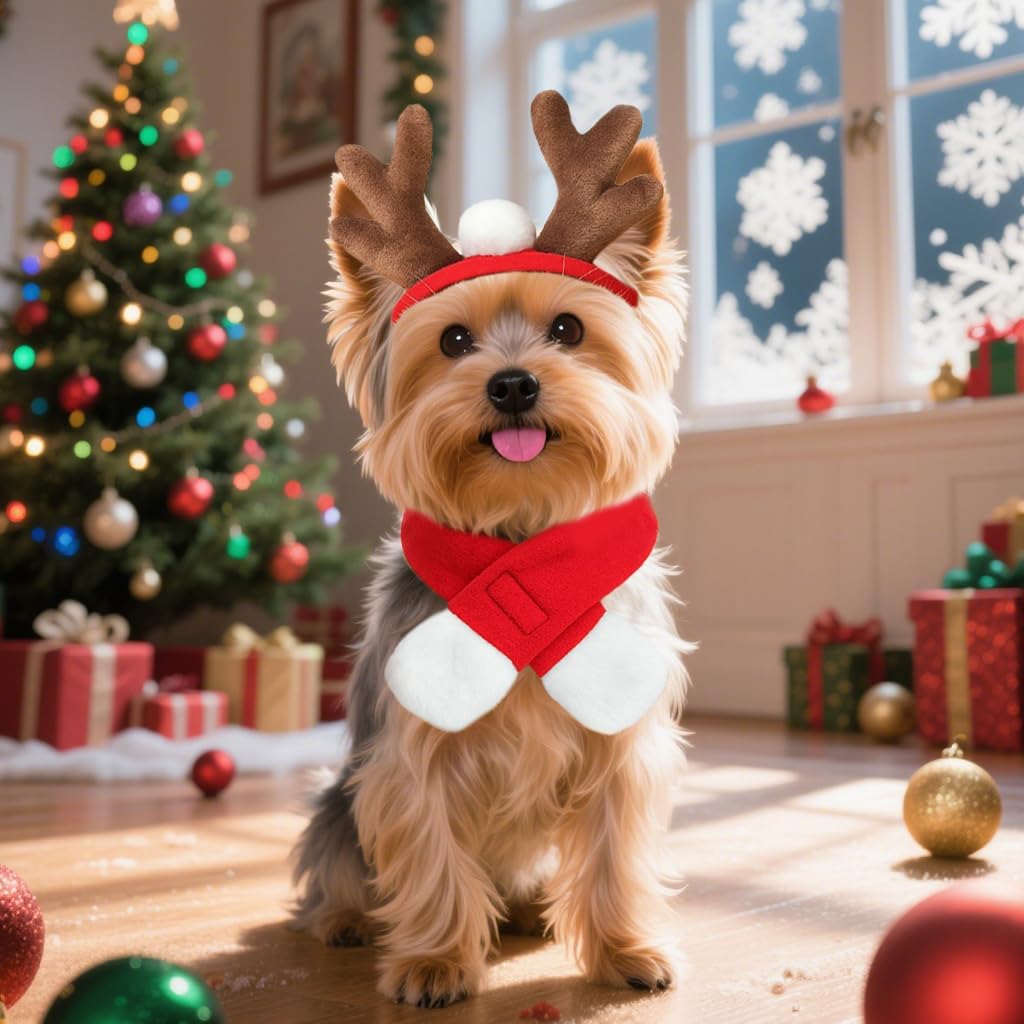 NAMSAN Pet Reindeer Costume for Cats Small Dogs Rabbits, Christmas Cat Antler Headband with Red Scarf, Small Dog Santa Deer Antler Outfit for Christmas New Year Party Cosplay Statue Decoration