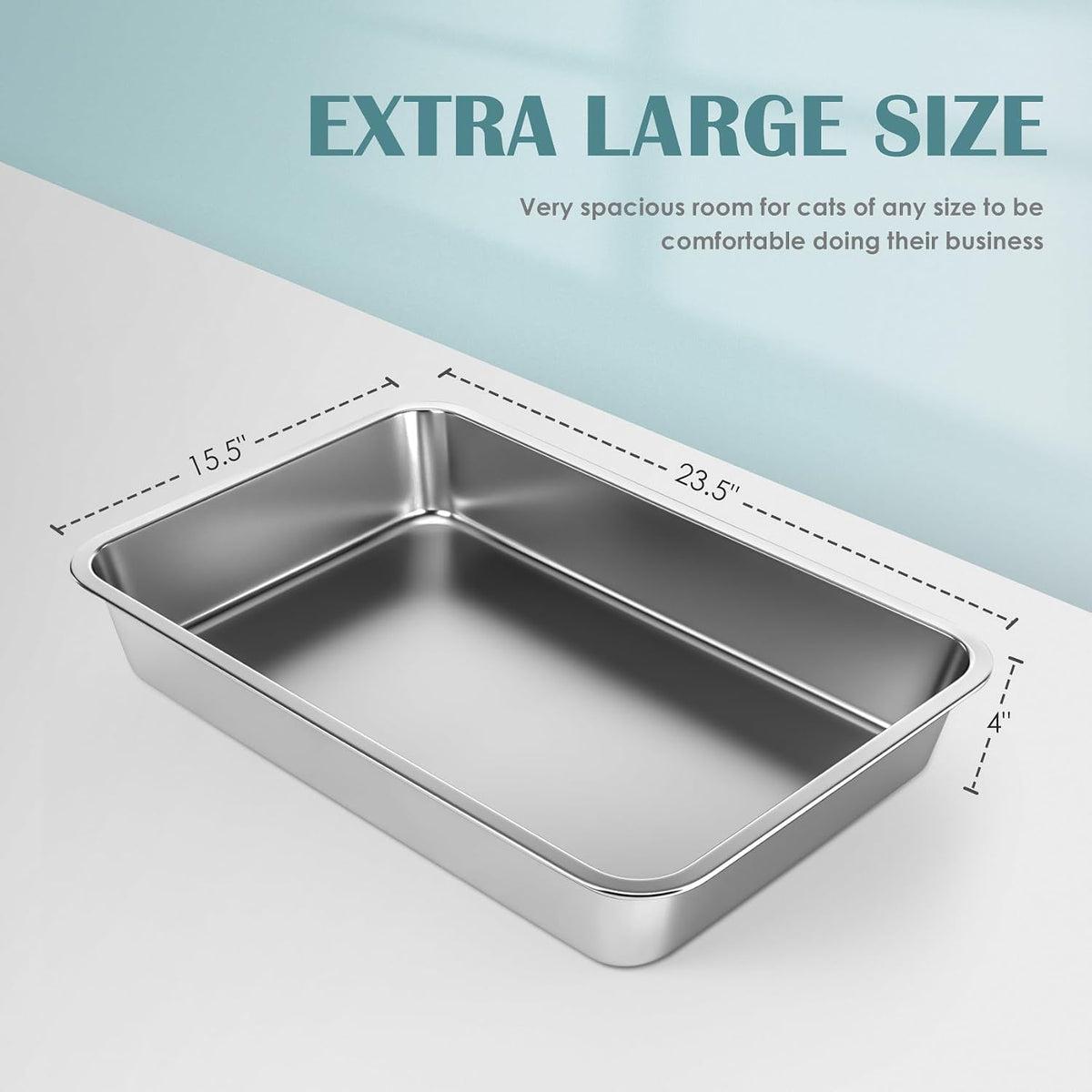 Stainless Steel Cat Litter Box, Large Metal Litter Box, 23.5" Lx15.5 Wx4 H