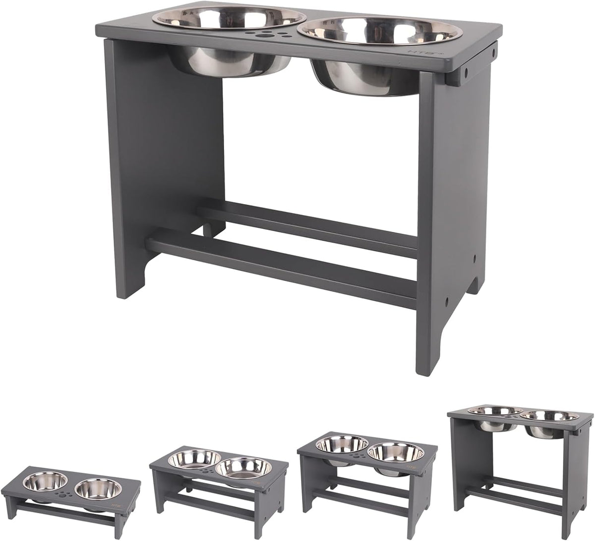 HTB Elevated Dog Bowl Stand with 2 Stainless Steel Bowls-14 H X-Large Grey | Raised Dog Bowl Stand, 14"tall, 48 Oz Bowls, for Large Sized Dogs, Pet-safe, Solid Bamboo