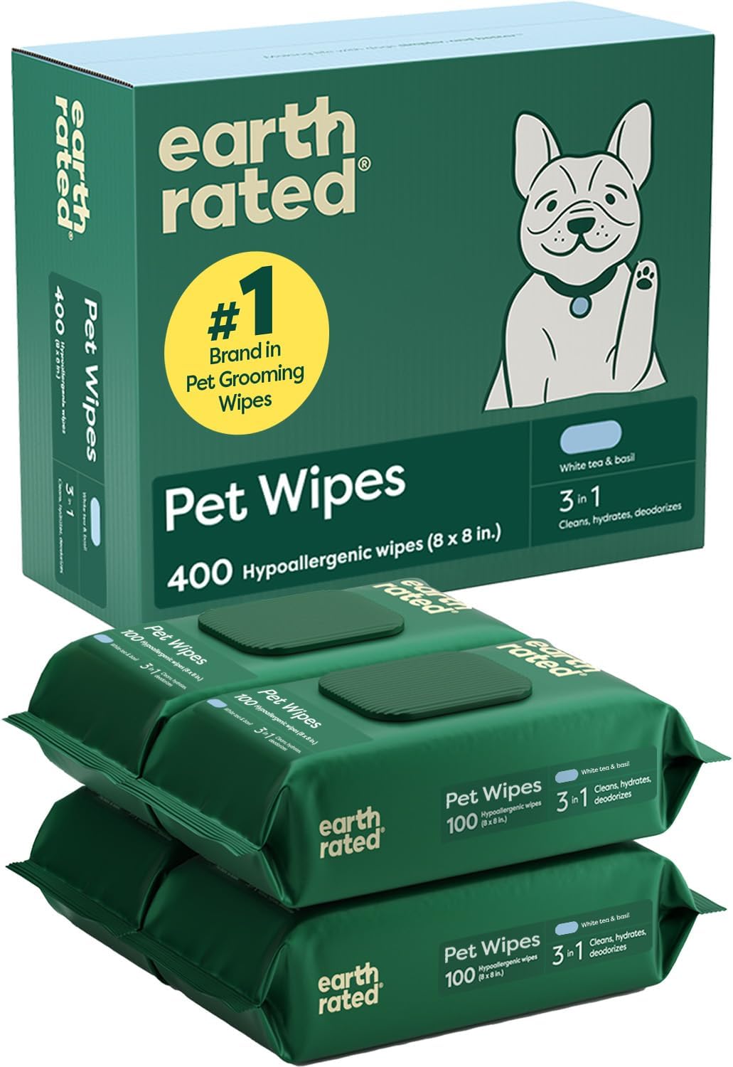 Earth Rated Dog Wipes for Paws & Butt, Deodorizing, White Tea & Basil 400ct | Hypoallergenic, 3-in-1 Cleaning and Hydrating, for Grooming Paws, Body and Butt