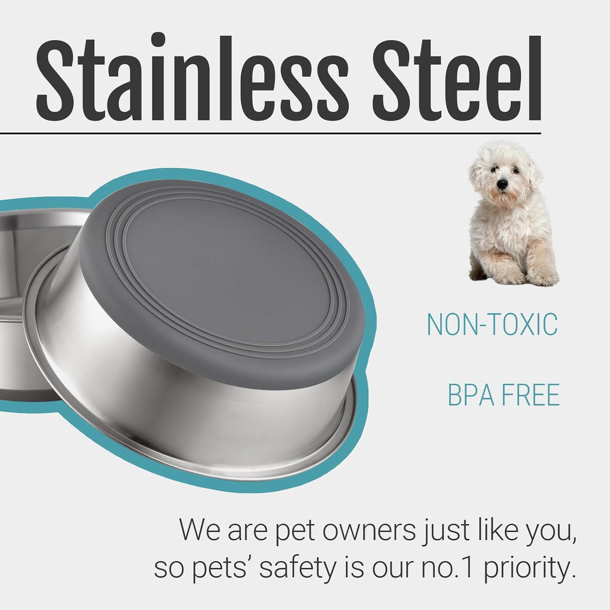Nonslip Stainless Steel Dog Bowls, 3.8 US Cup, 2 Count | No slide silicone bottom, Dishwasher safe, Easy to clean, Stackable design 