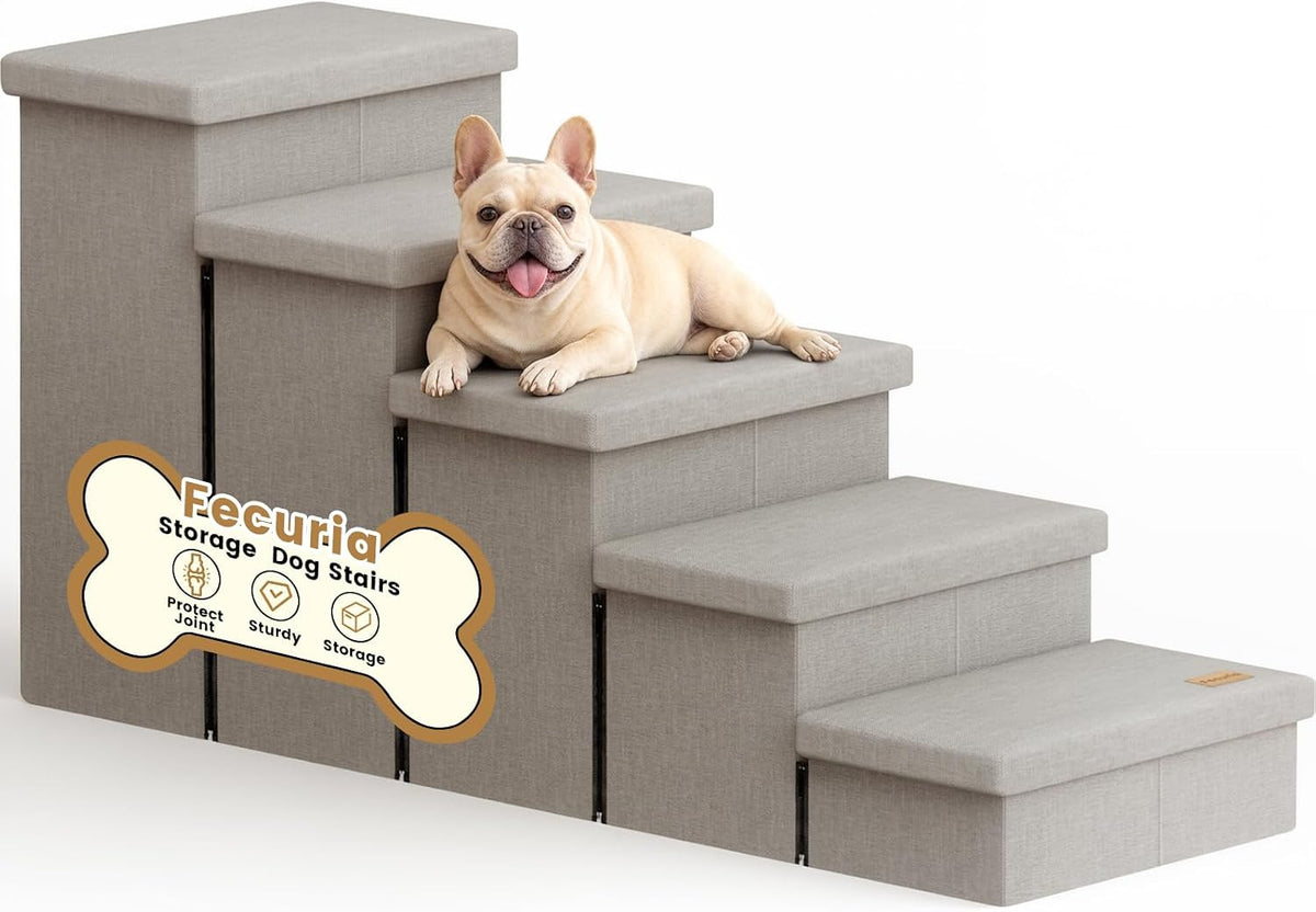 5-Step Wide Dog Stairs with Storage 23" H, Non-Slip Sturdy Pet Steps for High Bed Couch Window, Pet Stairs for Small/Medium/Large Old Dogs Cats Up to 260lbs, Cat Dog Steps for Car/SUV, Grey