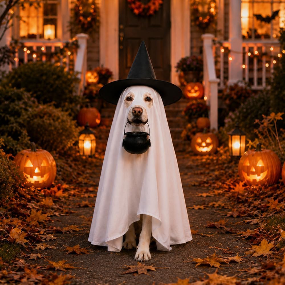 Halloween Dog Ghost Costume Pet Ghost Cape Hat Witch Candy Pot for L XL