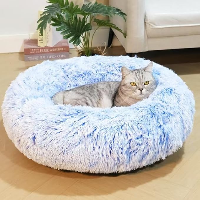 Cat Beds for Indoor Cats - Cat Bed Washable 24 inches, Dog Beds for Small Medium Dogs, Anti Anxiety Round Fluffy Plush Faux Fur Cat Bed, Thick Bottom (Cornflower Blue, Large 24" L x 24" W)