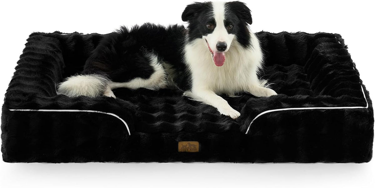 COZY KISS Faux Fur Orthopedic Extra Large Dog Bed, XXL 48x35 inch, Black