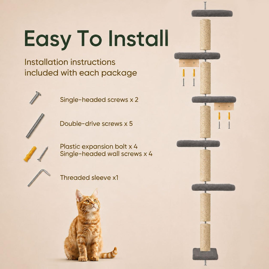 80-Inch Wall-Mounted Cat Tree with Scratching Post & 5 Perches