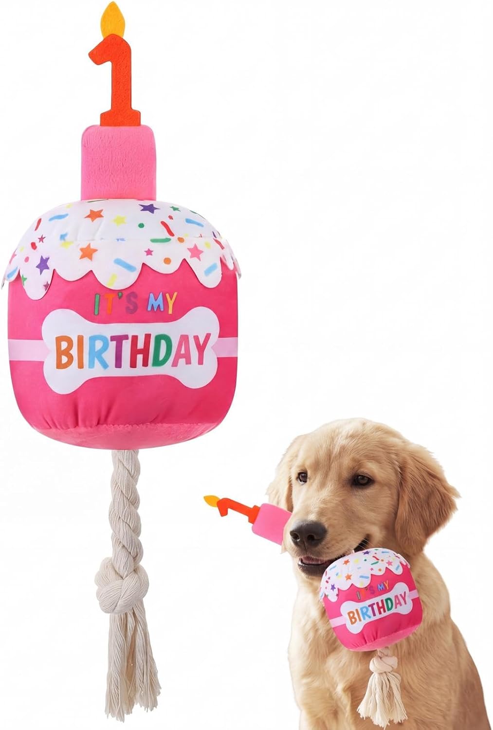 Dansydaisy Dog Birthday Cake Toy Squeaky Plush Gift,1st,Rose Pink | Interactive Squeaky Gift for Dogs, Dog Birthday Decor , Soft Chew for Small Medium Large Pets, Cake Design with Candle
