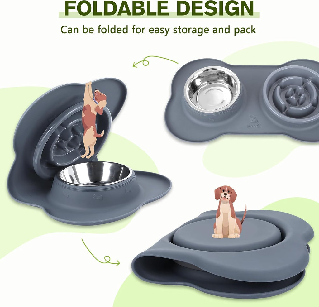 Pecute Slow Feeder Dog Bowls to Slow Down Eating, Dog Slow Feeder Bowl | No-Spill Non-Skid Silicone Mat, Food-Grade Safe Dog Food Bowls Slow Feeder, Stainless Steel Dog Water Bowl for Dogs Cats（L) 