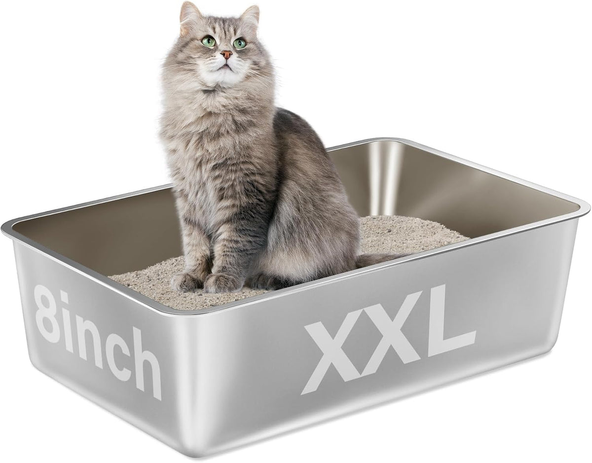 Stainless Steel Litter Box,XXL Metal Cat Litter Box for Big Cats 8IN Deep, Cat LitterBox High Sided Pet Toilet Easy to Clean,Cats Litter Pan for Adult Cats,Non Stick, No Smell | 8IN Deep, Cat LitterBox High Sided Pet Toilet,Easy to Clean,Cats Litter Pa...
