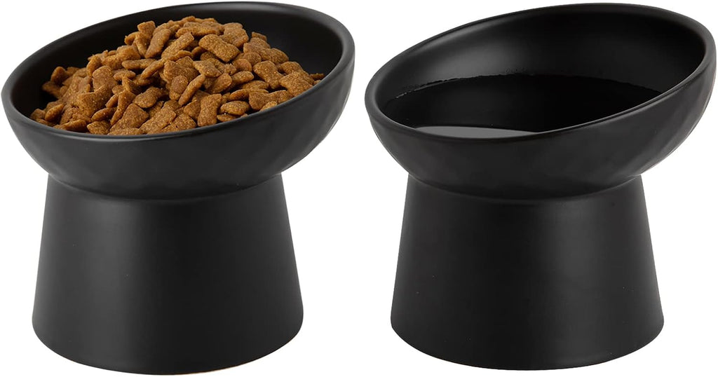 Elevated Cat Bowls, 15° Tilted Ceramic Raised Cat Food and Water Bowl Set, Whisker-Friendly Porcelain Pet Feeder Dishes for Indoor Cats and Small Dogs,Black,5.2 Inch,1 Pack 