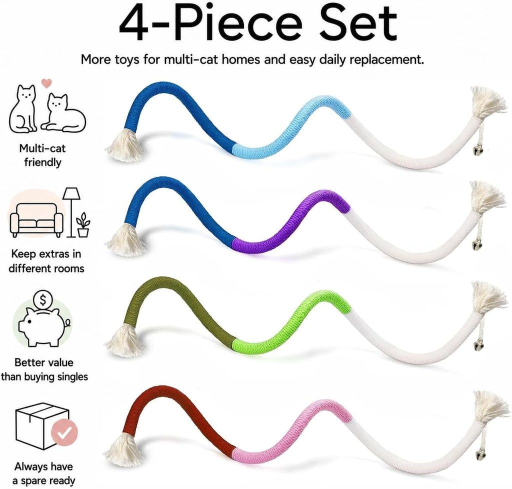 4-Pack Cat Toys for Indoor Cats, Woven Cotton Rope Toys with Bells | Colorful Cotton Rope Cat Chew Toys for Indoor Cats & Kittens, Ideal for Teething, Chewing, Interactive Play & Boredom Relief