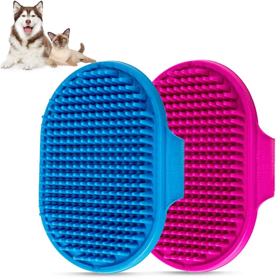 Dog Bath Brush Pet Bath Comb Brush Soothing Massage Rubber Comb 2pcs with Adjustable Ring Handle for Long Short Haired Dogs and Cats (Blue+Rose) 