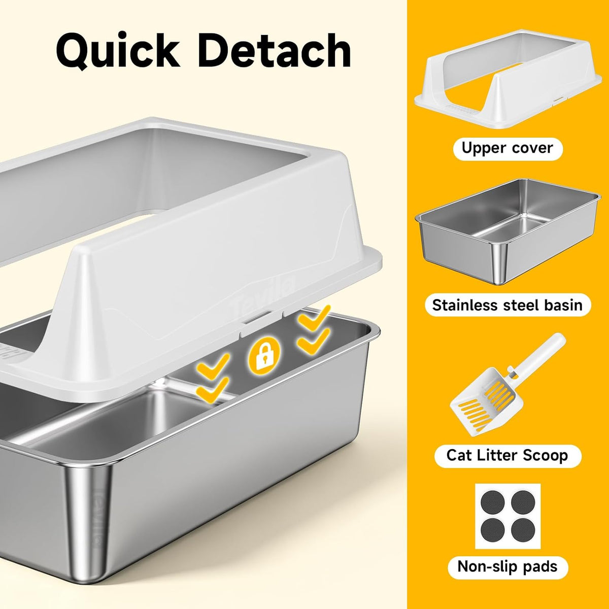 XL Open Top Stainless Steel Litter Box with High Sides,Gray | Extra Large Tall Wall Open Top Deep Metal Pan, Anti-Leak Non-Stick Odor Control