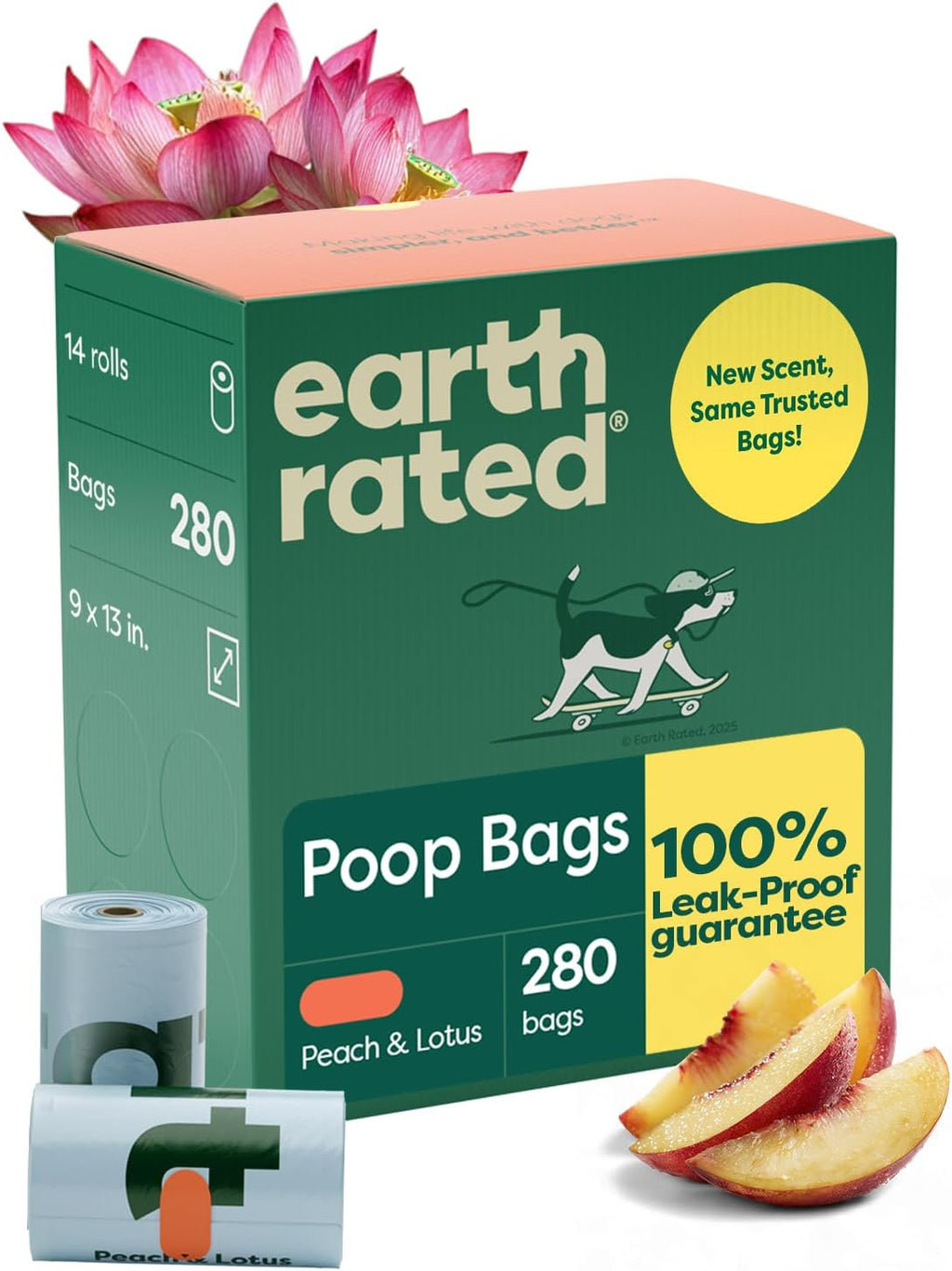 Earth Rated Dog Poop Bags on Refill Rolls, 280 Bags, Peach & Lotus | Guaranteed Leak Proof and Extra Thick Waste Bag Refill Rolls