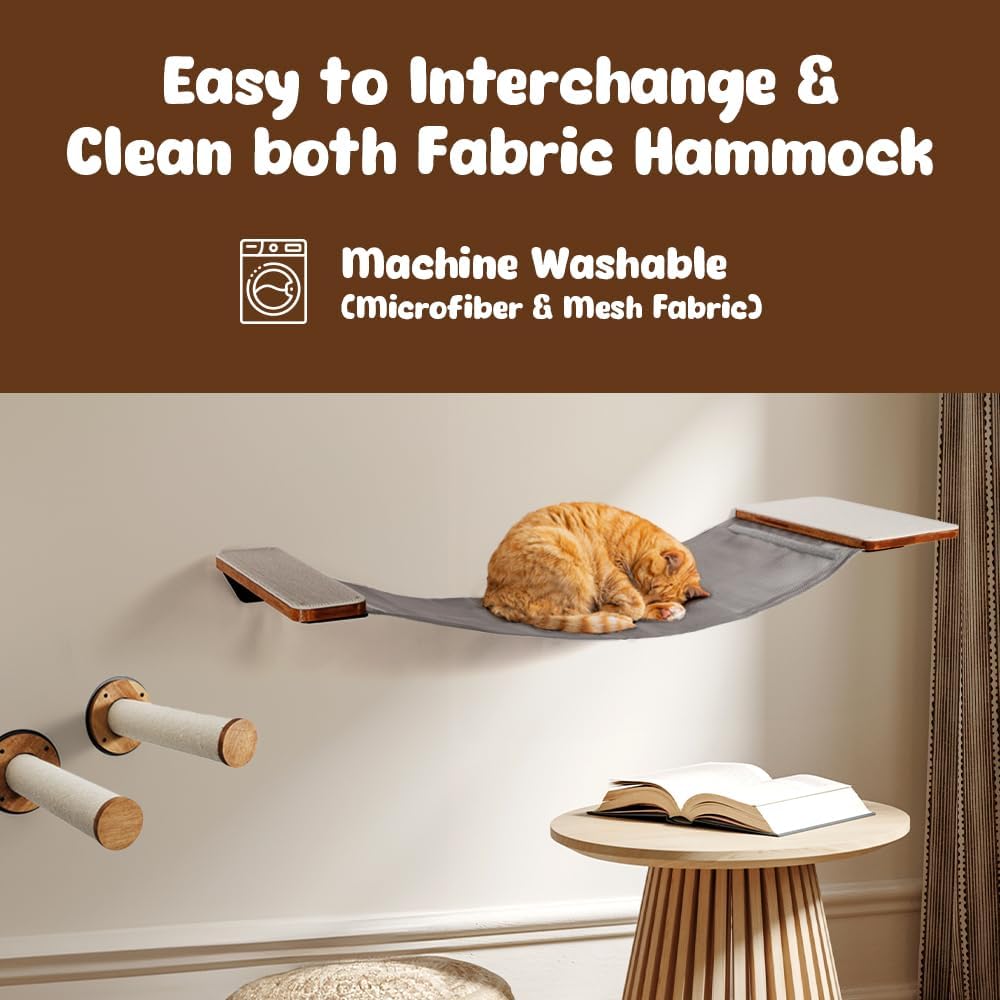 Cat Wall Furniture, Cat Hammock Wall Mounted Cat Shelf with 2 Steps, Cat Climbing Shelves and Perches and Lounging with Metal Frame and Wooden Shelf for Cozy Rest - MK2026B