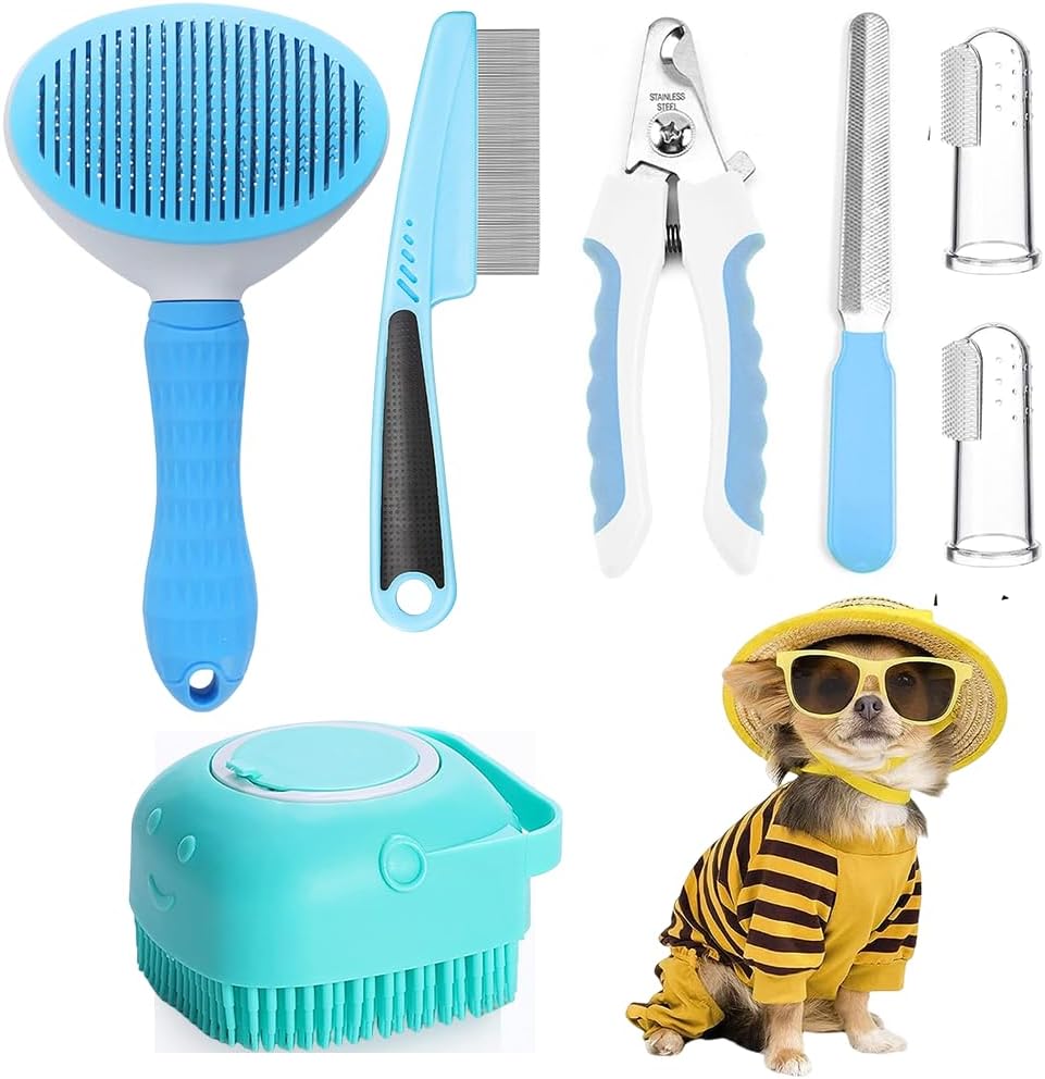 7pcs Pet Grooming Kit, Self-Cleaning Brush Shedding Kit with Nail Clipper, Flea Comb, Shampoo Bath Brush, Finger Toothbrush, Storage Bag (Blue)