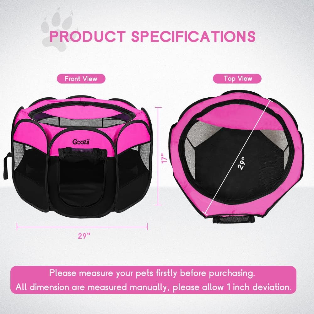 GOOZII Pet Cat Playpen for Indoor Cats Enclosed, Portable Foldable Dog Playpen Outdoor Tent Crate Cage with Zipper Top Cover Door for Kitten Puppy Outside Rv Car Camper (Small Size, Pink)