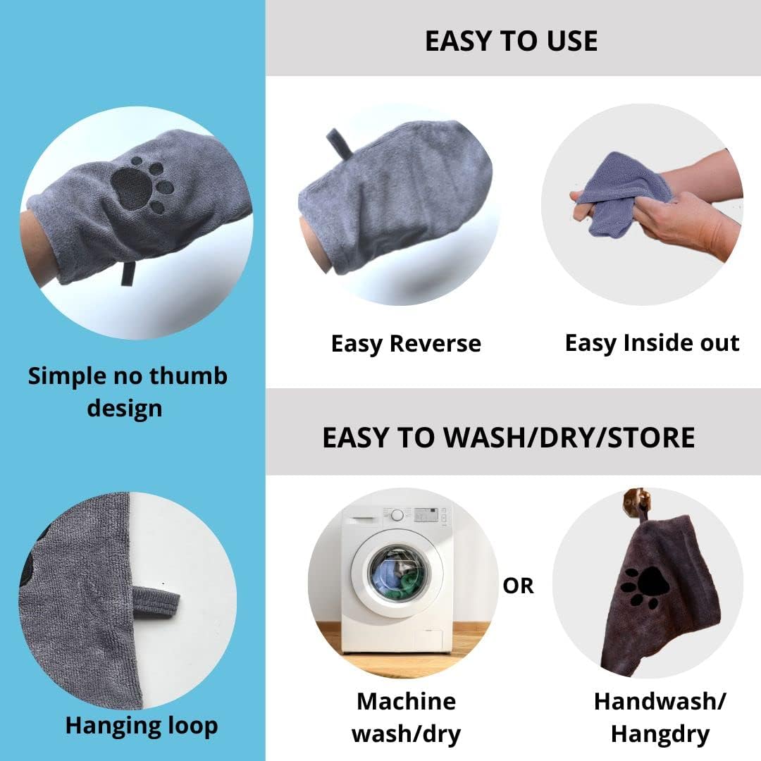 Penny & Niko Microfiber Pet Towel Mitts - Paw Cleaning and Drying Mitts/Gloves for Dogs and Cats (Gray, Standard - 2 Pack)