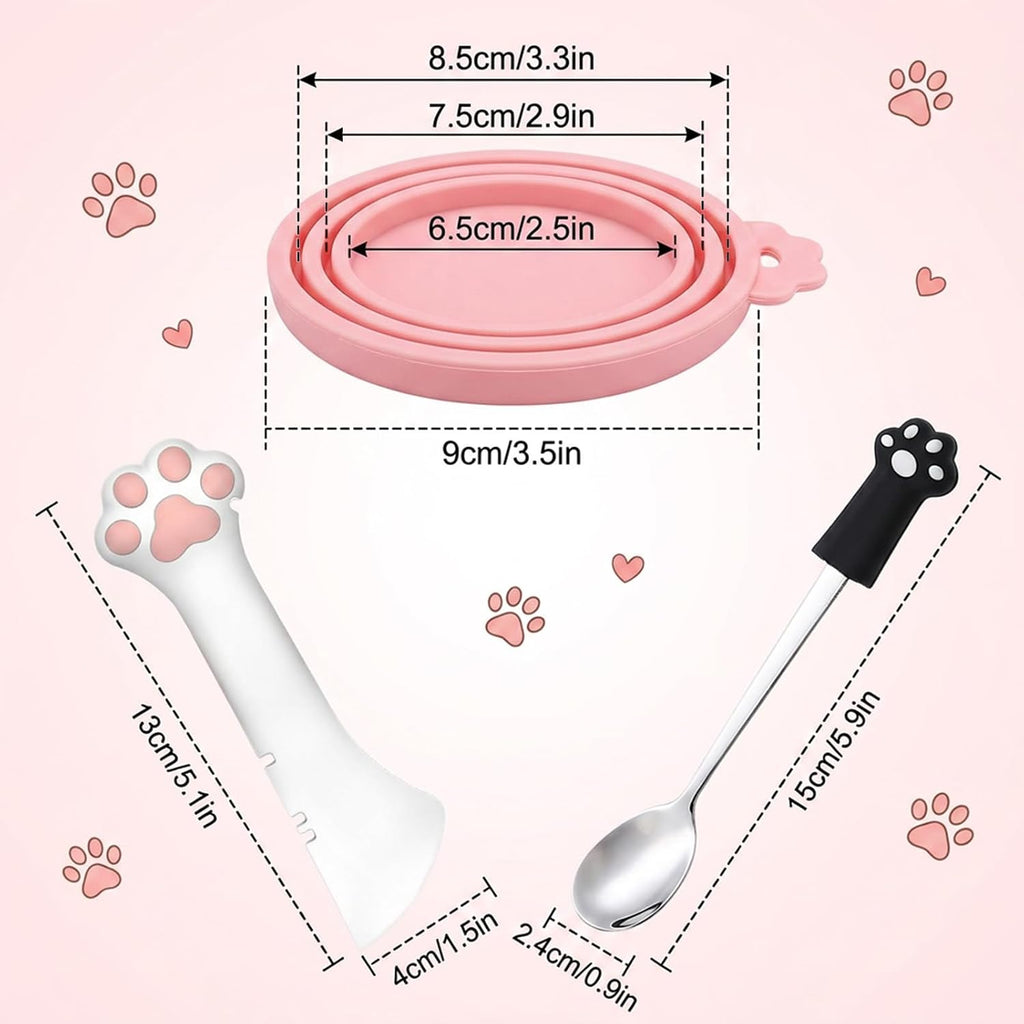 4 PCS Pet Food Can Accessory Set, Reusable Pink Silicone Can Lids with Feeding Shovel and Stainless Steel Spoon for Cat Dog Wet Food Storage