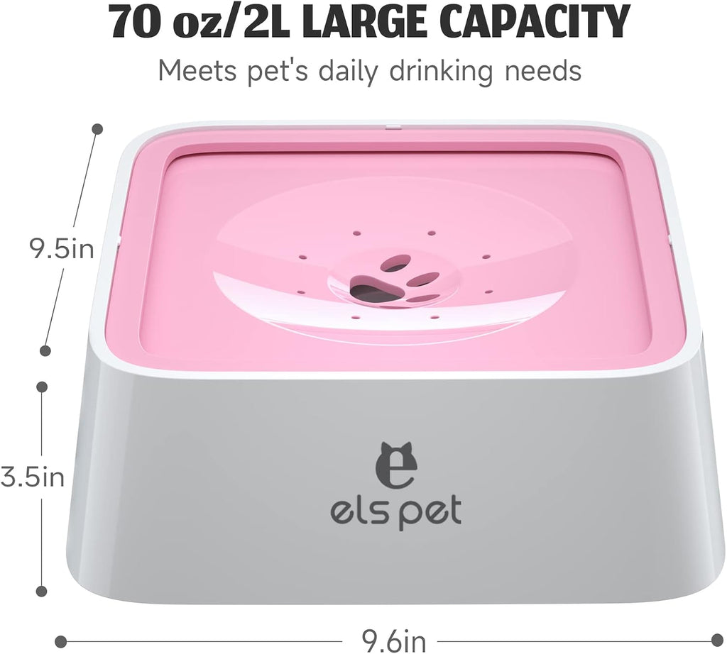 ELS PET Water Bowl for Cats & Dogs 2L, No Spill Slobber Stopper, Slow Drink | Pink, Splash Proof Design, 70oz Capacity, Floating Disk, Slow Drink, for Cats & Dogs, Travel and Home Use, Dishwasher Safe
