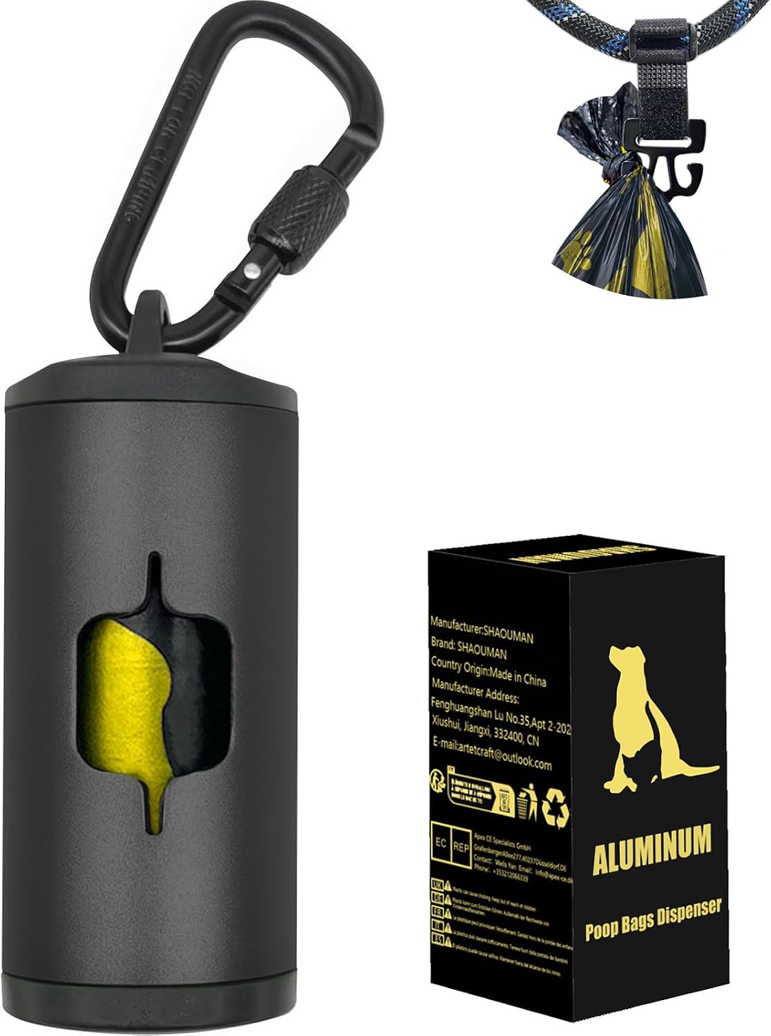 Metal Dog Poop Bag Holder w/Leash Clip|Durable Scratch-Resistant Aluminum|15 Bags+3 Accessories(Black)