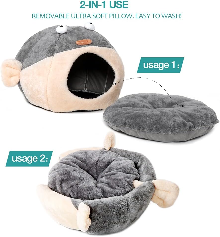 Cat Beds for Indoor Cats-Cat Bed Cave,Cute Lively Pufferfish shape,Grey L