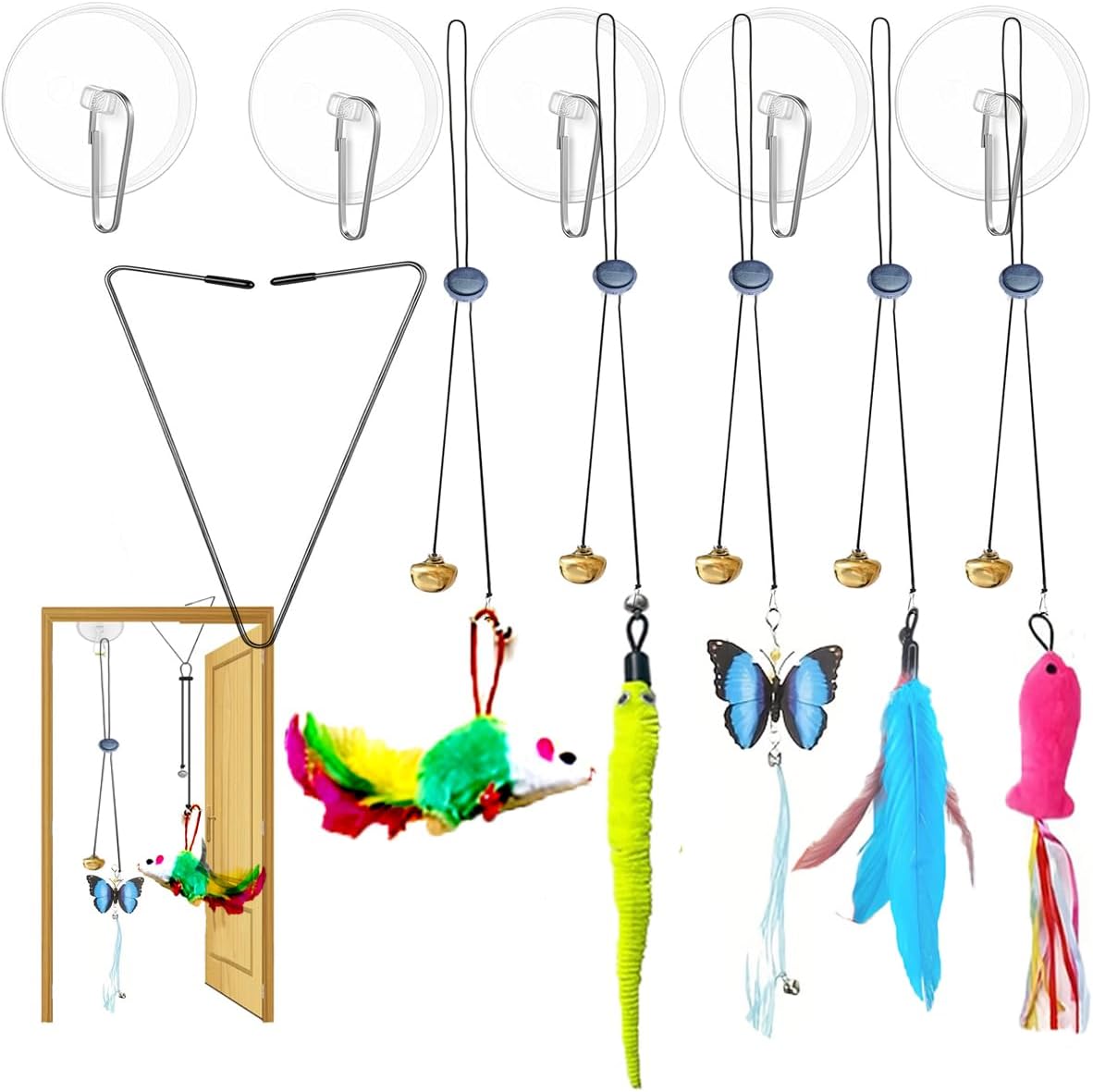 Suction Cup Door Hanging Cat Toy Set, Assorted Replaceable Refills Feather Worm Ribbon Mouse Butterfly Interactive Kitten Play Toy (5Pcs Assorted Set)
