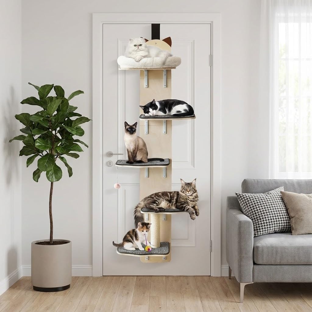 5-Levels Door Hanging Cat Climber, Vertical Door-Mounted Cat Tree Tower with Full Carpeted Plank & Cat Scratching Post for Small Medium Cats (5-Levels, Cat Head Style)