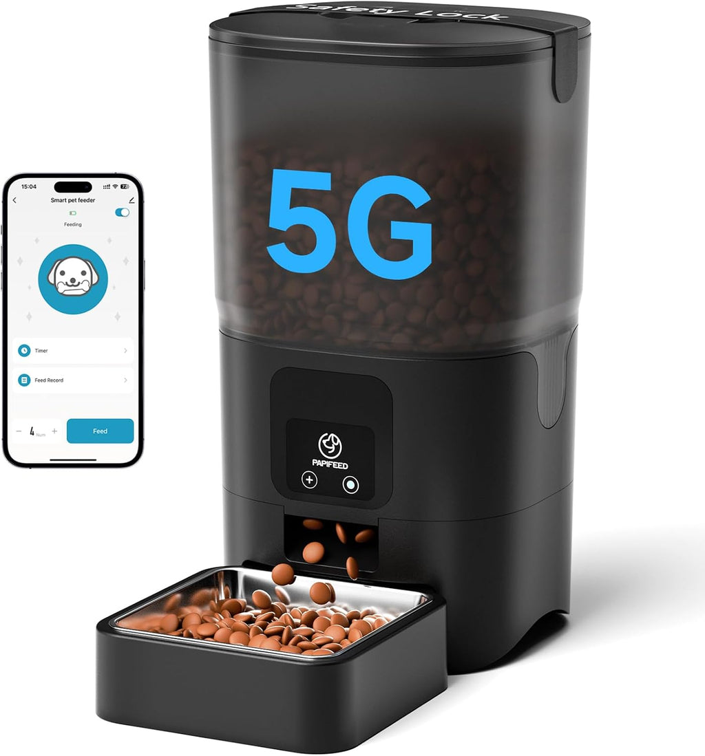 PAPIFEED Automatic Cat Feeder with App, 5G WiFi Auto Cat Feeder, 6L Slow-Feed Cat Food Dispenser for Dry Food, Dual Power Supply Timed Pet Feeder for Small Dog, 10 Meals/Day, 12 Portions/Meal, Black