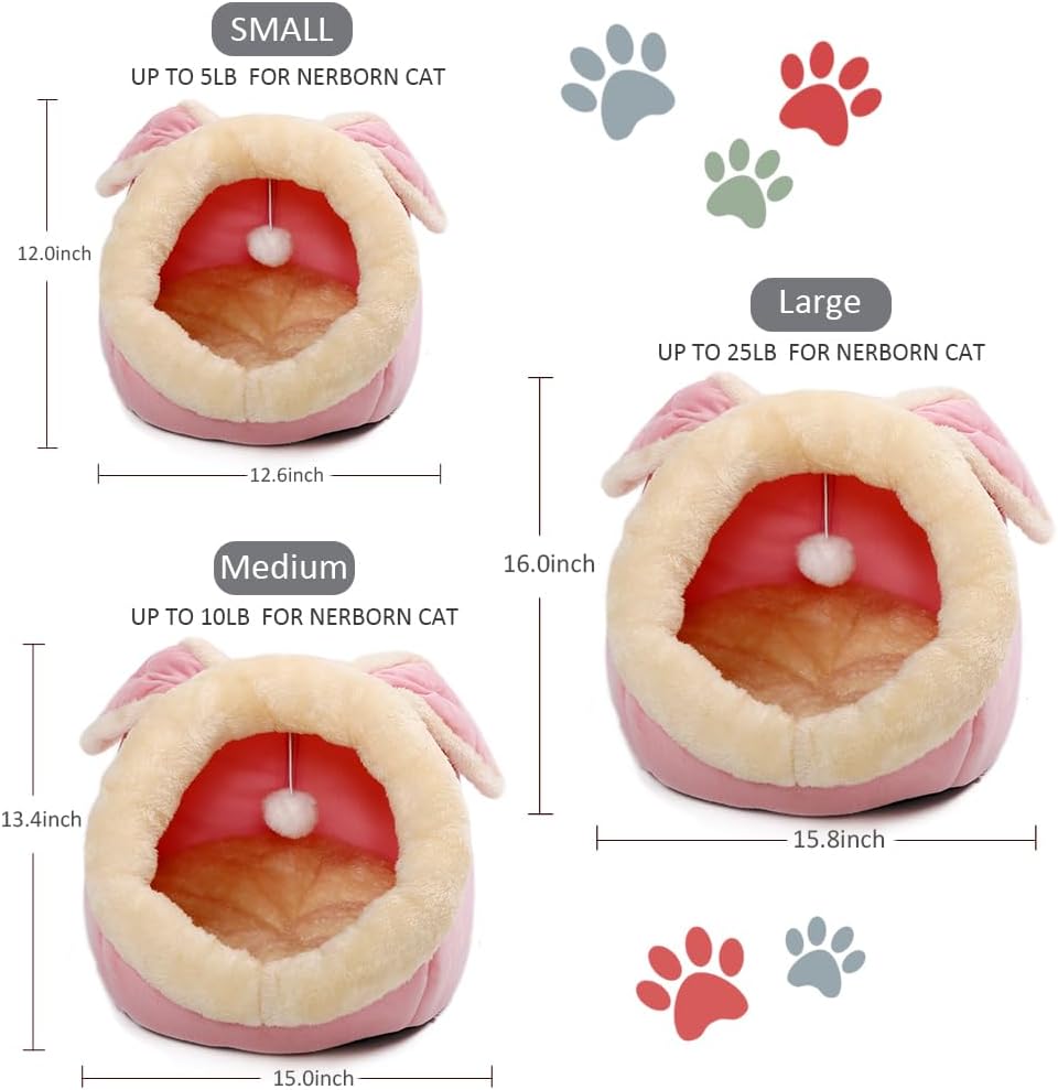 Cat Beds for Indoor Cats-Rabbit-Shaped Cat Cave Bed with Hanging Toy,Pink L