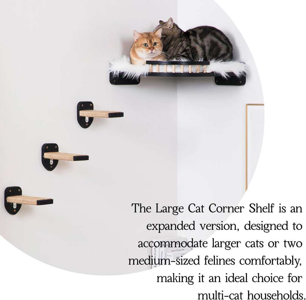 Cat Shelves - 3-Step Wall Climbing Set with Plush Covered Bed, Corner Mounted for Large Cats
