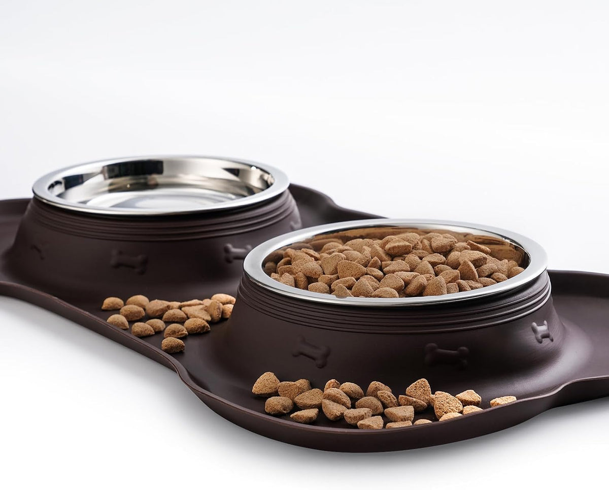Hubulk Pet Dog Bowls 2 Stainless Steel Dog Bowl with No Spill Non-Skid Silicone Mat + Pet Food Scoop Water and Food Feeder Bowls for Feeding Small Medium Large Dogs Cats Puppies (Medium, Chocolate) 