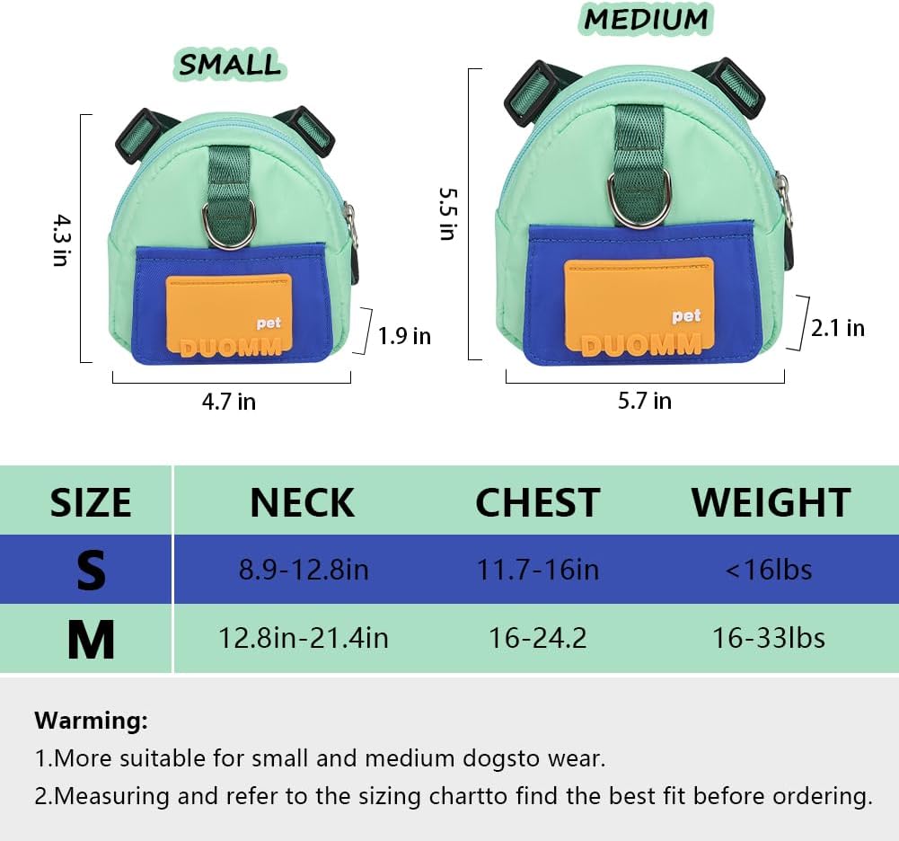 Dog Backpack Harness with Leash,Cute Pet Puppy Backpacks Bulid-in Dog Poop Bag Dispenser,Adjustable Pets Self Carrier Bag for Small Medium Dogs Travel Hiking Daily Walking(M, Green)